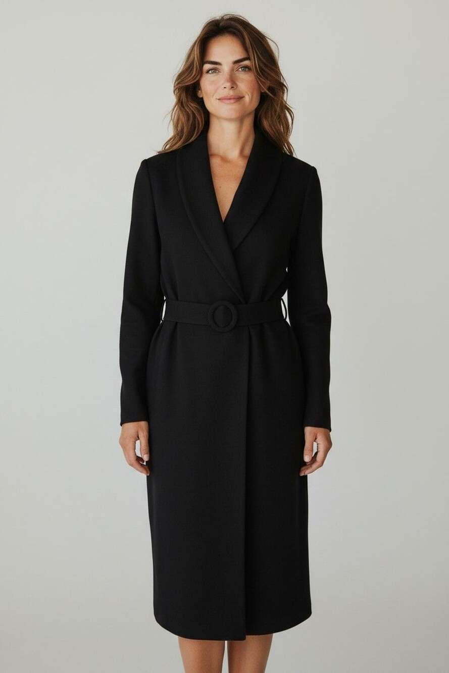 Neiman Marcus Vintage Black Belted Peak Lapel Long Sleeve Midi Coat Dress Size 6